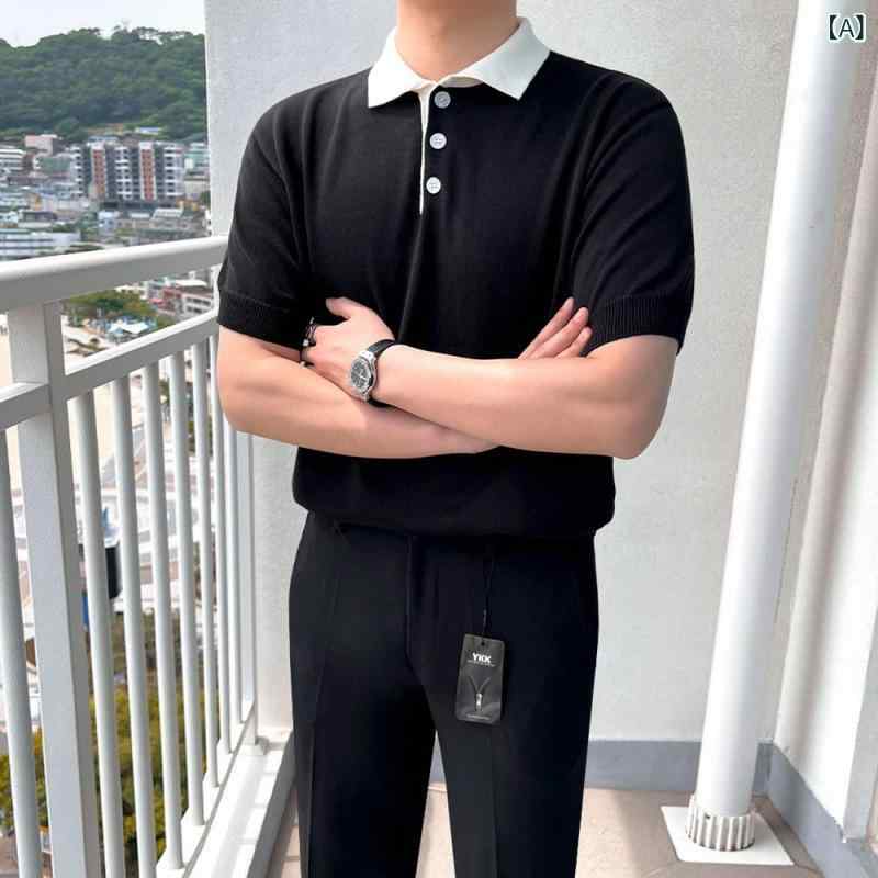 POLOシャツ メンズ 半袖 春夏 韓国風 配色切り替え ニット シャツ襟 ゆったり ビジネスカジュアル 通勤 普段使い きれいめ 清涼感 コットン トップス ブラック