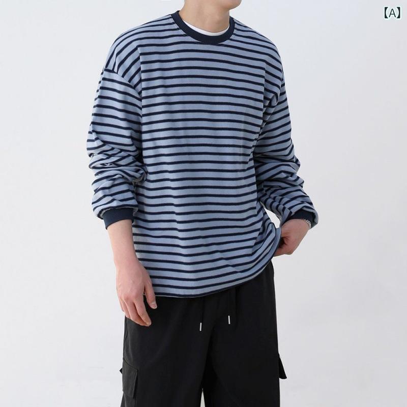 Tシャツ メンズ 長袖 ストライプ柄 レトロ コットン100% クルーネック 丸首 ゆったり ビッグシルエット 韓国ファッション トレンド 着回し カジュアル 秋 通気性 ドロップショルダー