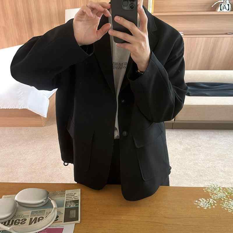 スーツ セットアップ メンズ 男性用 韓国風 ゆったり カジュアル ドローストリング ストレート ワイドパンツ スラックス ノッチドラペル ポリエステル アセテート繊維