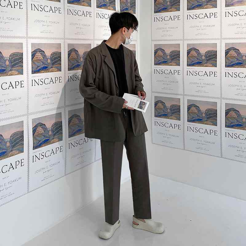 セットアップ 男性用 春夏 カジュアル 韓国風 流行 リラックス ジャケット ブレザー ストレート スラックス ポリエステル アセテート素材 コーヒー ブラウン 2点セット
