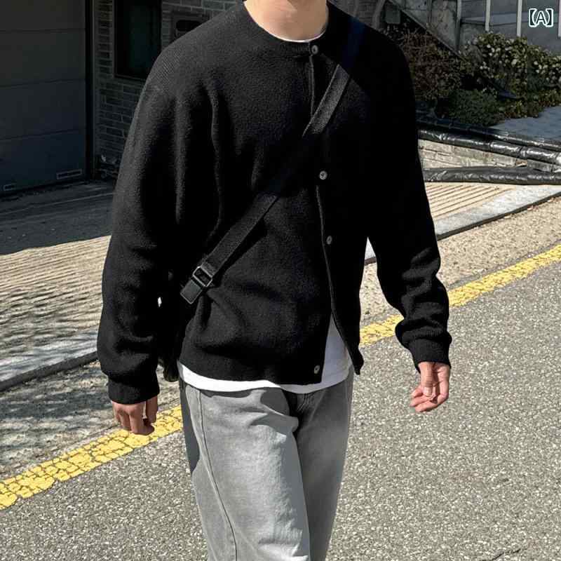 ニット メンズ 男性用 オーバーサイズ カーディガン 高級感 秋冬 韓国風 クルーネック 長袖 ボタン付き カジュアル 普段使い 黒 ブルー レーヨン混
