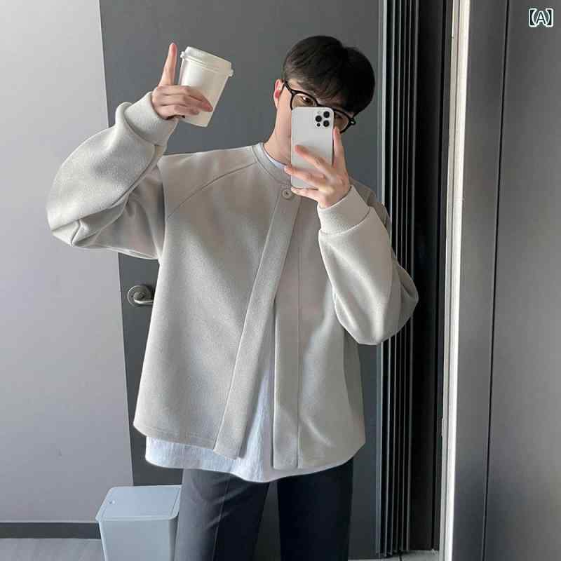 ジャケット メンズ 男性用 秋冬 韓国風 カジュアル ルーズ ビッグシルエット ショート丈 開襟 フードなし 厚手 コットン メルトン調 無地 グレー ブラック 普段使い デイリーユース 個性的デザイン