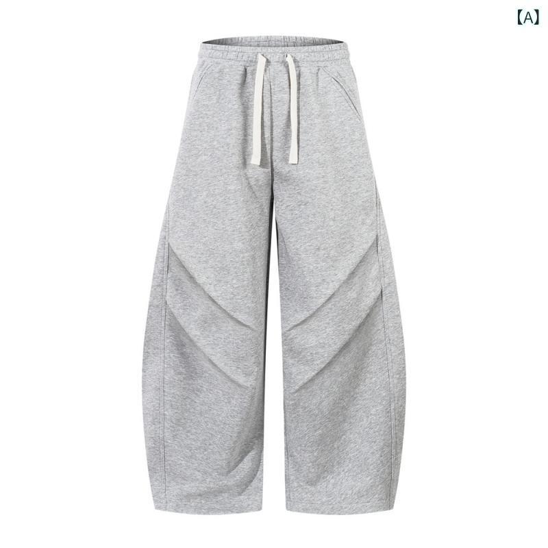 パンツ メンズ プリーツ ワイド ゆったり ルーズフィット ウエストゴム ドローストリング スウェット アメカジ ストリート 無地 綿混 長ズボン カジュアル ボトムス