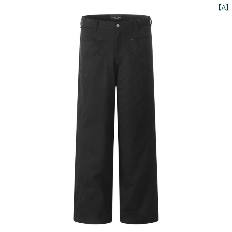カーゴパンツ メンズ ストリート 個性的 デザインポケット ルーズ ワイド 無地 ストレート ロング丈 綿 コットン 耐摩耗性 アイロン不要 ブラック カーキ 着回し カジュアル