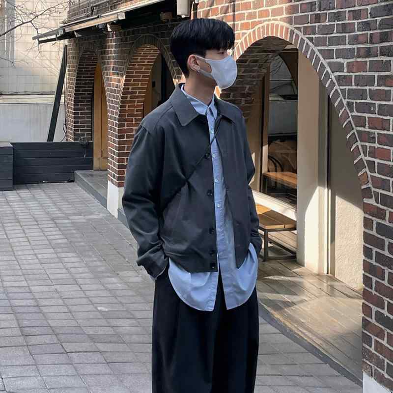 ジャケット メンズ 男性用 ショート丈 春秋 韓国風 ゆったり カジュアル 普段使い 麻混紡 ポリエステル 襟付き 長袖 無地 グレー 前開き|naruki