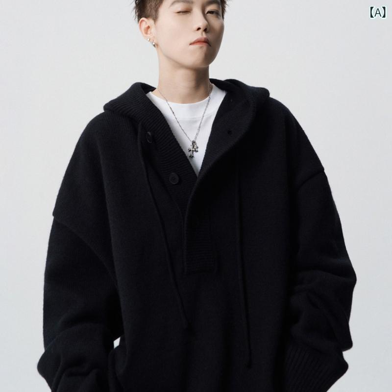 ニット メンズ 男性用 フード付き プルオーバー アメカジ ビンテージ ゆったり ルーズ 高級感 厚手 伸縮性 グレー ポリエステル 秋冬 普段使い デイリーカジュアル