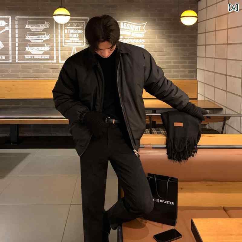 中綿ジャケット メンズ アウター 冬 防寒 保温 ゆったり リラックスフィット ワークウェア 韓国 ファッション カジュアル 襟付き シンプル ポリエステル 厚手 ストリート ブラック