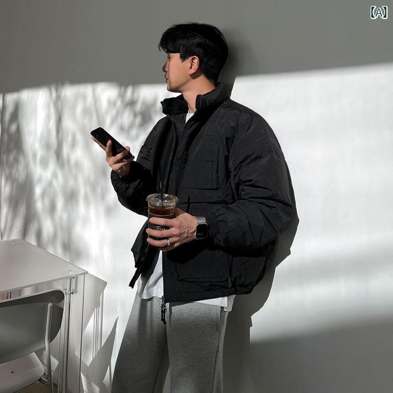中綿ジャケット メンズ スタンドカラー ワークテイスト ゆったり ルーズフィット ビッグシルエット 防寒 保温 暖かい 裏起毛 ジップアップ ポケット付き 韓国風 トレンド カジュアル 高級感 秋冬|naruki