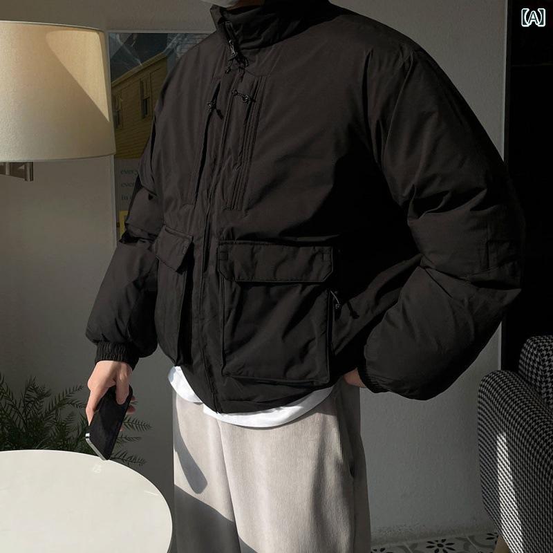 中綿ジャケット メンズ 男性用 日系 ワークテイスト 韓国風 スタンドカラー ゆったり ルーズフィット 防寒 保温 厚手 ジップアップ ポリエステル中綿 ブルゾン アウター 黒 グレー 冬|naruki