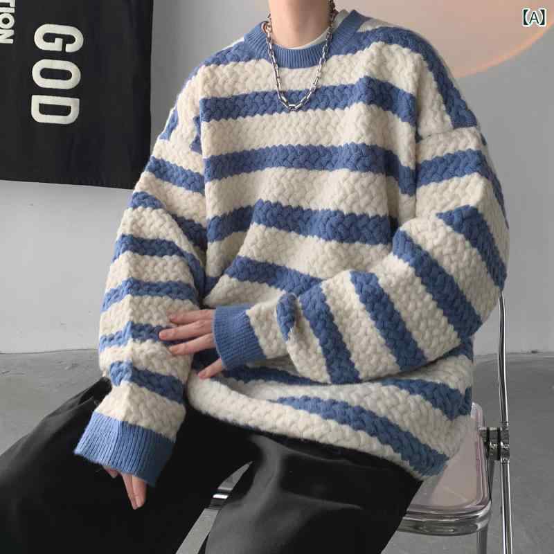 ニット メンズ ゆったり ルーズ クルーネック 丸首 ストライプ ジャガード柄 厚手 肉厚 羊毛混 ウールブレンド カジュアル 秋冬 セーター トップス