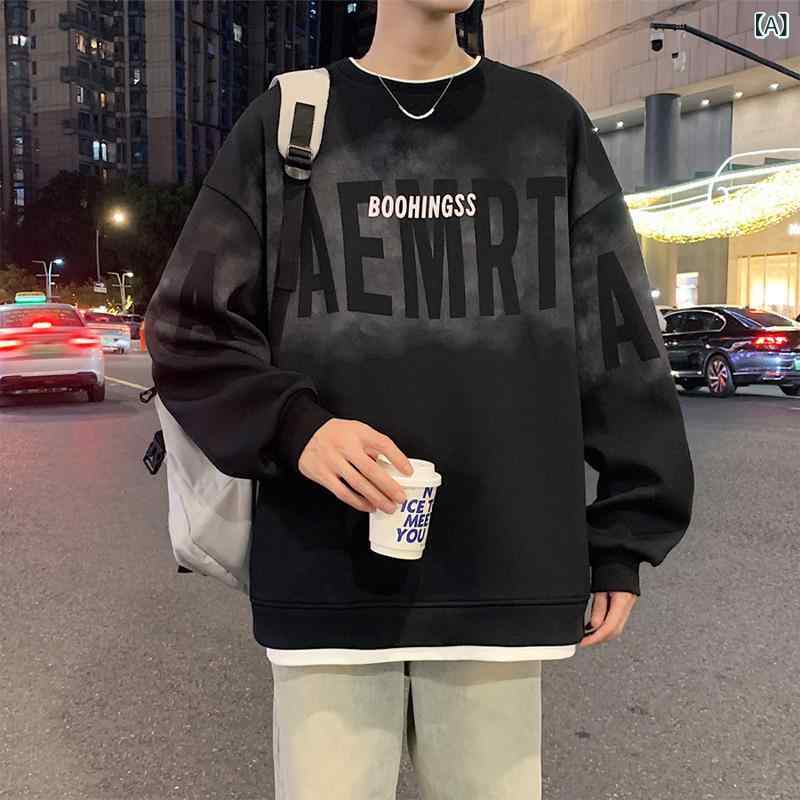 スウェット メンズ 男性用 フェイクレイヤード トレンド 韓国 ファッション 薄手 ゆったり ビッグシルエット オーバーサイズ 大きいサイズ 長袖 クルーネック 丸首 ポリエステル 春秋 普段使い カジュアル 黒 白