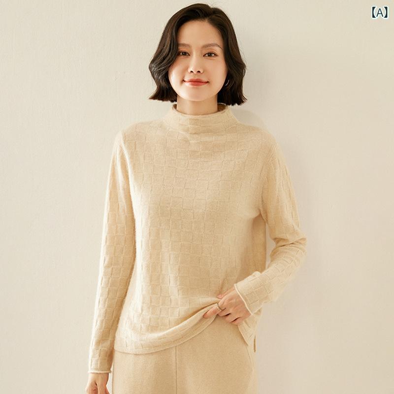 ニット レディース 秋冬 モックネック カシミヤ 長袖 プルオーバー ジャガード織り チェッカー柄 ゆったり ルーズシルエット 中厚手 きれいめ 通勤 トップス｜naruki