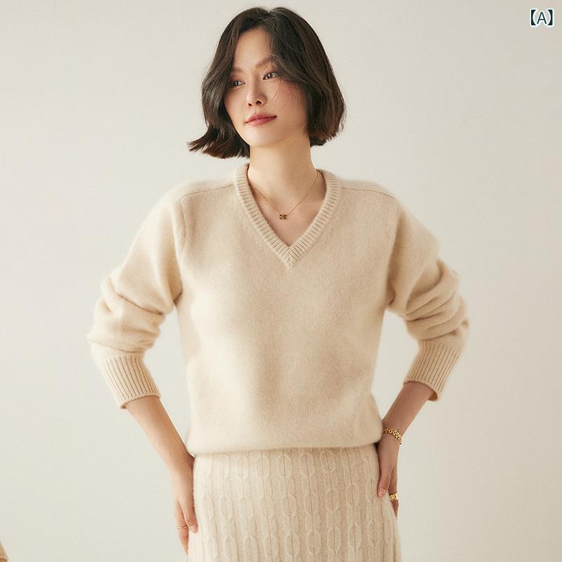 編み物 レディース 秋冬 もの言う花カシミール混 Vのど首 ティーシャツ 長袖 ゆったり 伸び伸びする ホンブルグ帽白いこと 窈窕たる もの柔らか 生あたたかい 普段使い走り 着回し トップス-セーター-レディースファッション