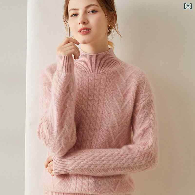 ニット セーター レディース 女性用 秋冬 カシミヤ 厚手 ゆったり ルーズ ボトルネック ケーブル編み プルオーバー 長袖 無地 上品 通勤 オフィス カジュアル レッド