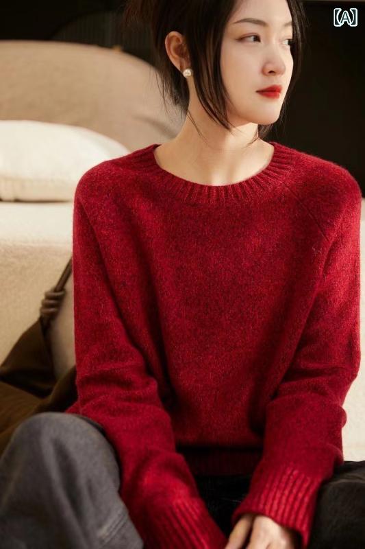 セーター レディース カシミヤ100% プルオーバー ラウンドネック ラグランスリーブ 厚手 杢調 レッド ゆったり シンプル 普段使い お出かけ 上品 きれいめ 暖かい 秋冬