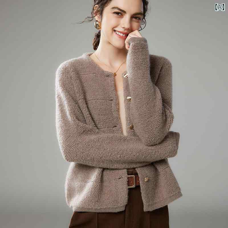 ニットカーディガン レディース カシミヤブレンド ラウンドネック 長袖 厚手 無地 ショート丈 レトロ ヴィンテージ 秋冬 上品 きれいめ トップス アウター オフィス カジュアル｜naruki