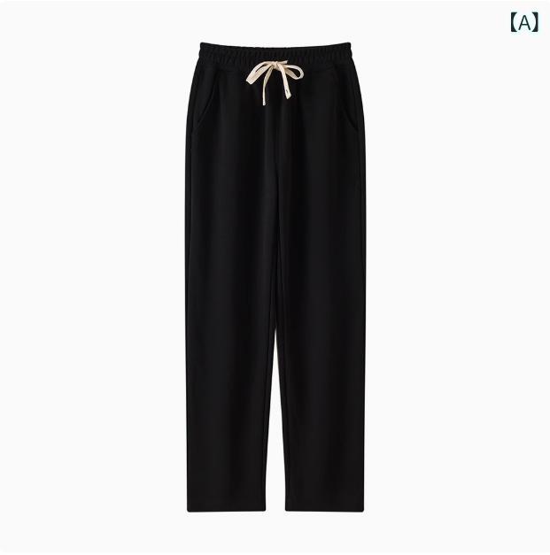 パンツ ユニセックス ストレート ハイウエスト ウエストゴム コットン スウェット ボトムス 細見え スタイルアップ 高弾力 伸縮性 中厚手 カジュアル 普段使い 春夏