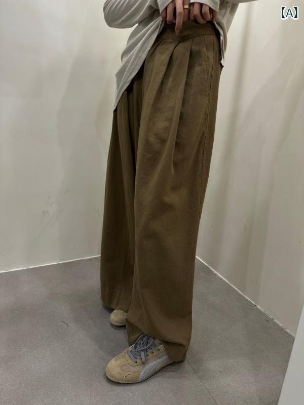 パンツ 女性用 レトロ ウォッシュコットン ハイウエスト ワイドストレート フルレングス ルーズシルエット ゆったり リラックススタイル 伸縮性 ワンボタン カジュアル 着回し デイリーユース 韓国ファッション ダークカーキ ブラック グレー 秋冬