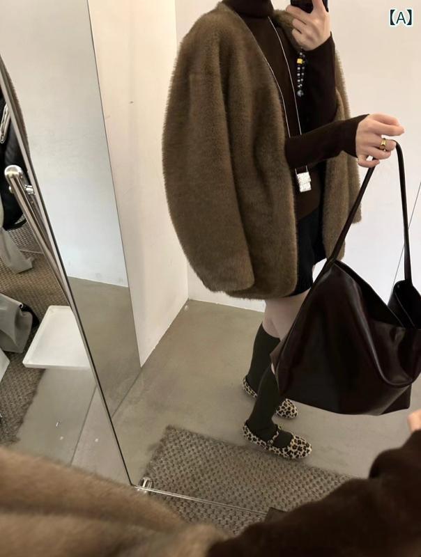 フェイクファーコート レディース 冬 高級感 フレンチ Vネック 細見え ミドル丈 ゆったり もこもこ アウター 長袖 無地 カジュアル ポリエステル アイボリー グレー ブラウン