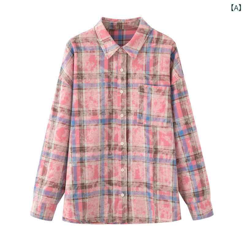 シャツ トップス レディース 女性用 秋冬 レトロ ピンク チェック柄 カジュアル ゆったり 襟付き 前開き 長袖 ロングスリーブ 綿 コットン ポリエステル 普段使い お出かけ