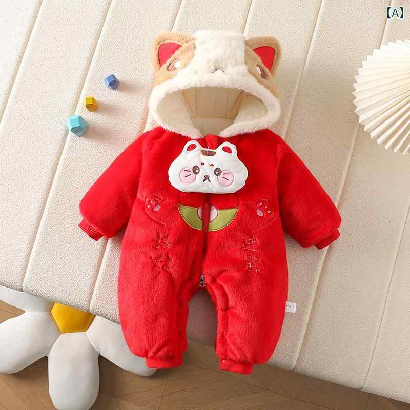 ロンパース ベビー 女の子 新生児 フード付き 招き猫 あったか 厚手 防寒 かわいい キュート ふわふわ 冬物 秋冬 お出かけ カバーオール 韓国風