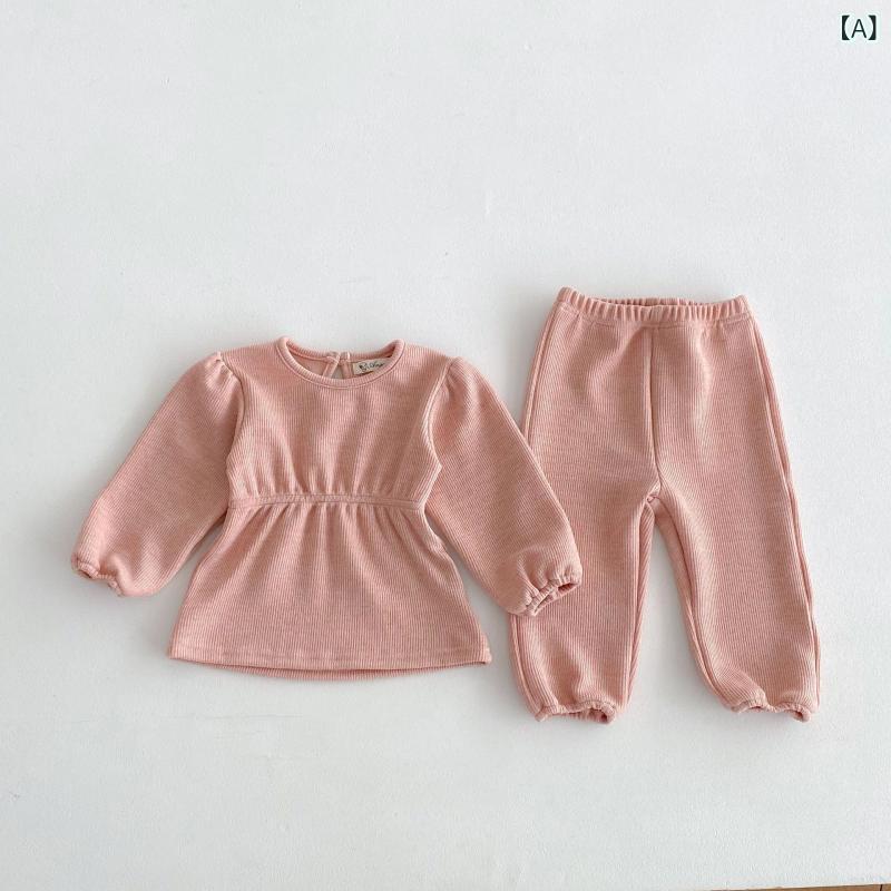 キッズ 女の子 ベビー セットアップ 2点セット 綿 コットン 無地 スカート風トップス 長ズボン パンツ プリンセス かわいい 普段使い デイリー 韓国風 春秋