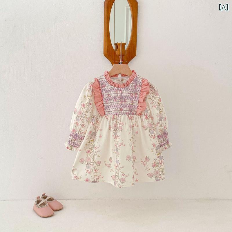 ワンピース キッズ 女の子 春夏 コットン フレンチスタンドカラー シャーリング 小花柄 フリル プリンセスライン 韓国風 かわいい ピンク お出かけ 普段着