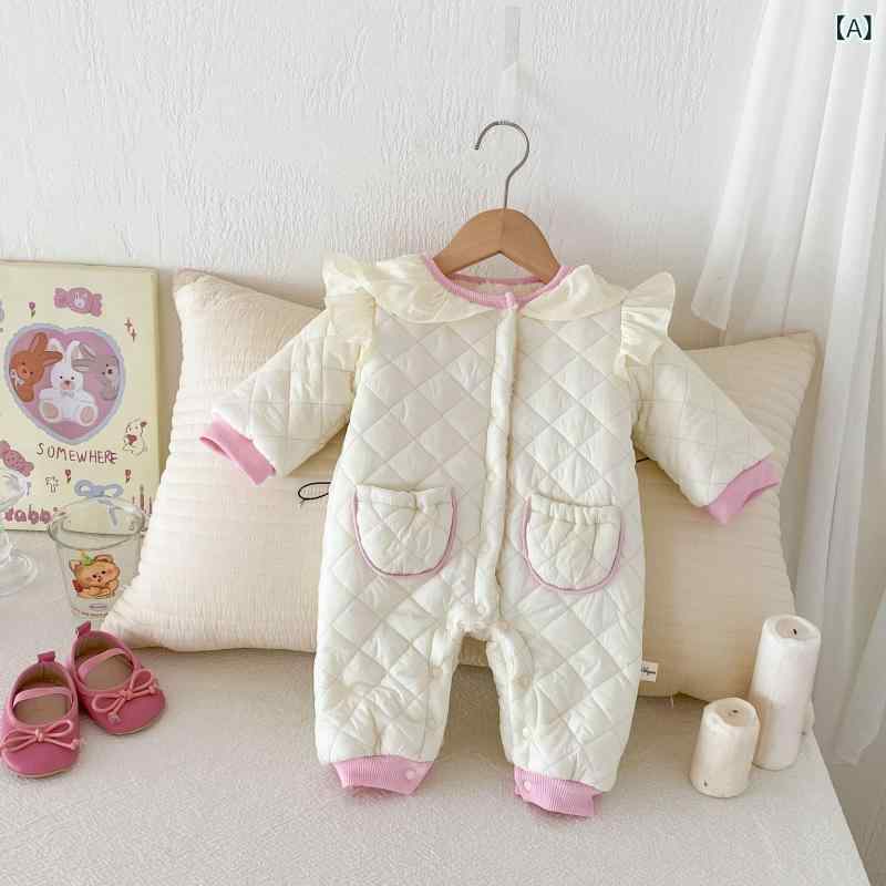 ロンパース 新生児 ベビー 女の子 かわいい 中綿入り キルティング 長袖 厚手 保温 防寒 秋冬 前開き ポリエステル繊維 お出かけ カバーオール つなぎ アイボリー