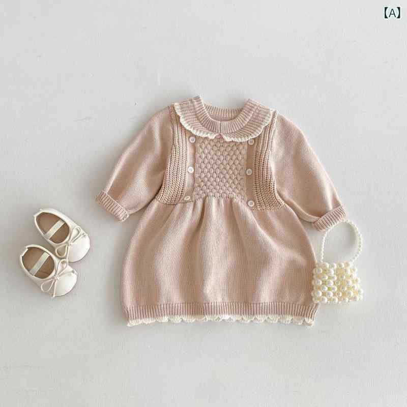 ワンピース 女の子 キッズ 春秋 ニット 長袖 フリル襟 プリンセスライン 韓国風 綿 コットン 優しい肌触り 普段使い カジュアル 幼児 小学生 無地 シンプル