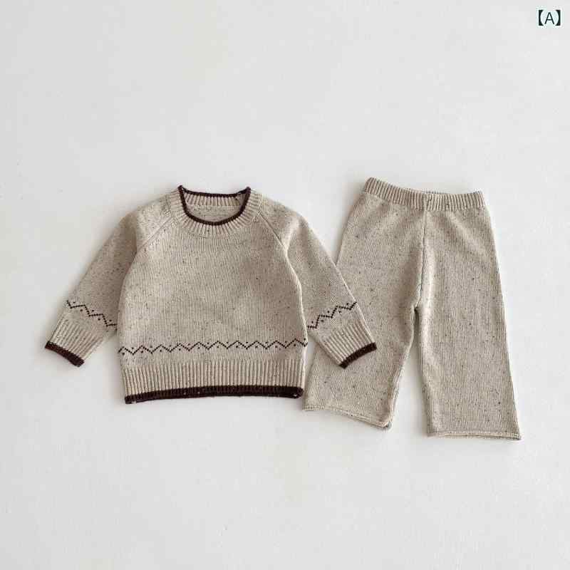 キッズ 男の子 女の子 秋冬 韓国風 ジャガード ドット柄 長袖 プルオーバー ニット セーター クルーネック 柔らかい肌触り 上下セット 2点セット 普段使い カジュアル 中小童