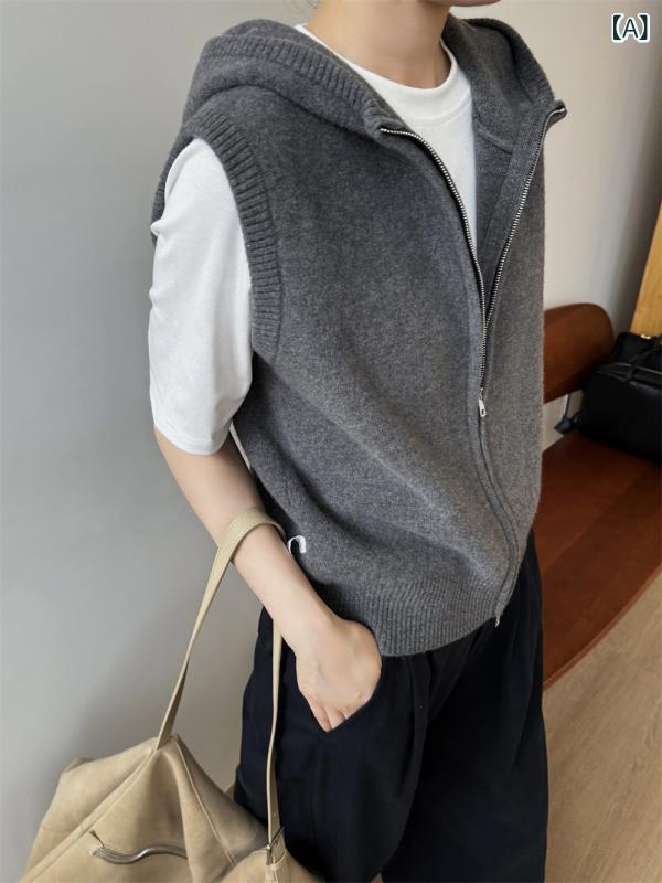 ニットベスト レディース フード付き ジップアップ ノースリーブ ウール 羊毛 ゆったり レイヤード 重ね着 韓国ファッション 大人カジュアル 無地 リブ編み 中厚手 グレー ブラック 秋冬｜naruki