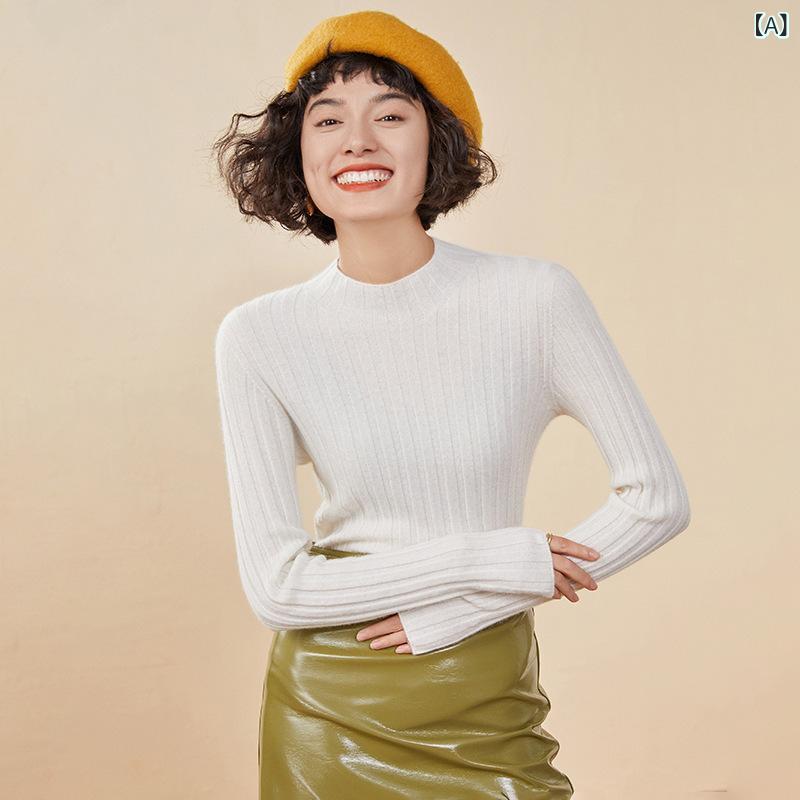 ニット レディース カシミヤ混 ウールブレンド シームレス ホールガーメント ボトルネック 長袖 太リブ プルオーバー セーター スリムフィット 着痩せ効果 上品 通勤 オフィス デイリー トップス｜naruki