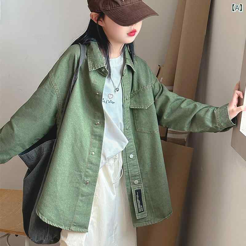 デニムシャツ スカート セットアップ 女児 女の子 ジュニア キッズ 秋物 長袖 韓国風 おしゃれ かわいい 綿混 グリーン 普段使い お出かけ 通学