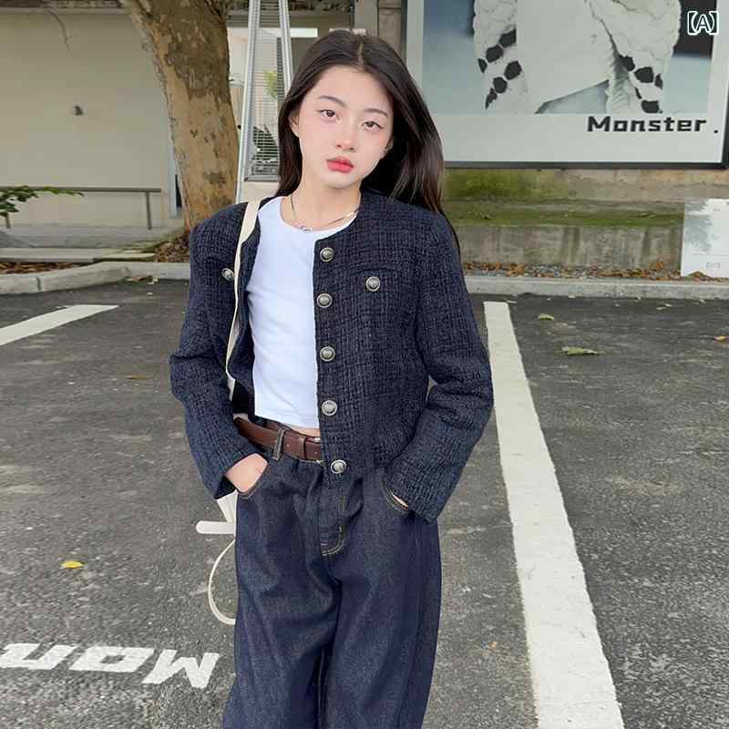 セットアップ 女の子 キッズ ジュニア 秋冬 シャン風 上品 エレガント 綿 トップス 長袖 デニム ワイドパンツ 厚手 裏起毛 カジュアル 2点セット