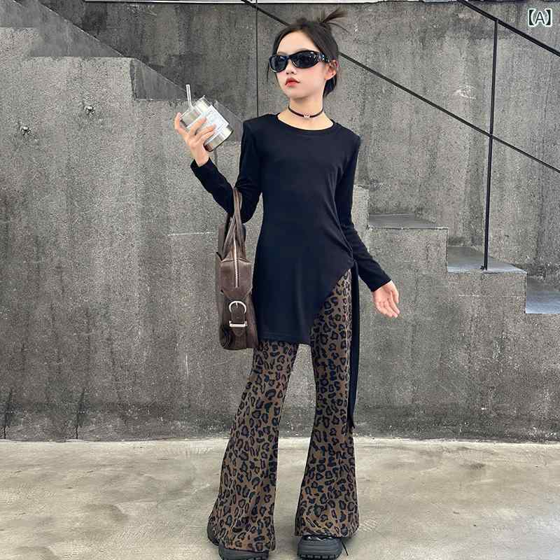 女の子 セットアップ 春秋 コットン混 長袖 Tシャツワンピース ロング丈 アシンメトリースリット デザイン性 細見え ヒョウ柄 フレア カジュアルパンツ ボトムス デイリー 2点セット