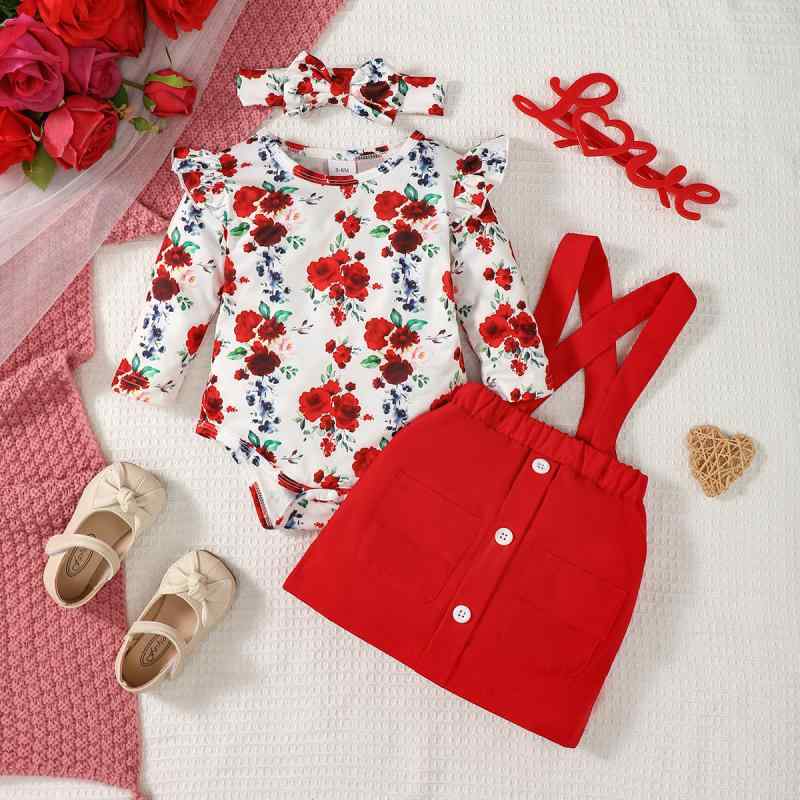 ベビー セットアップ 女の子 長袖 フリルスリーブ バラ柄 カバーオール ジャンパースカート ヘアバンド レッド 3点セット 秋冬 スウィート ニット ポリエステル画像
