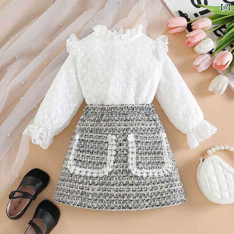 キッズ 女の子 セットアップ レース刺繍トップス 長袖 チェック柄ミニスカート 2点セット 上品 エレガント おしゃれ かわいい ポリエステル 綿 グレー ブラック 秋冬物