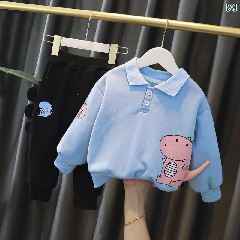 セットアップ ベビー 男の子 冬 裏起毛 厚手 かわいい 恐竜柄 長袖 長ズボン コットン 韓国風 ルームウェア 上下セット 2点セット