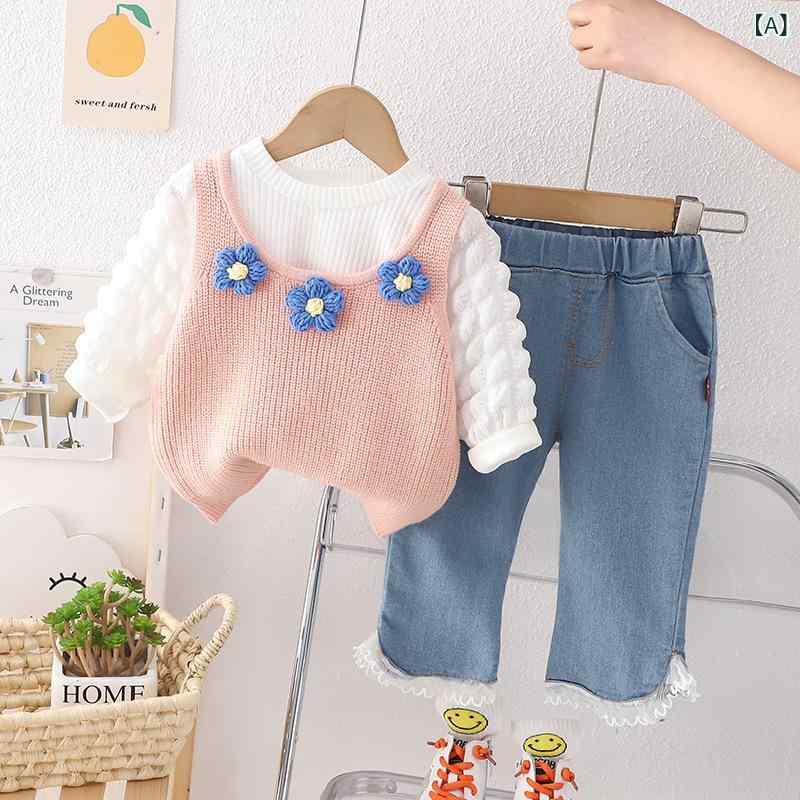 セットアップ ベビー キッズ 女の子 春物 かわいい 3点セット 長袖 薄手 パンツセット 綿100 キャラクター柄 花柄 韓国風 カジュアルウェア 普段着 ルームウェア