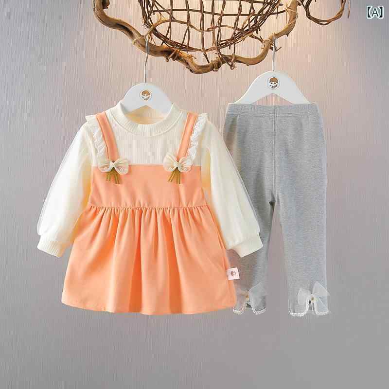 ワンピース 女の子 ベビー キッズ 女児 幼児 1歳 2歳 3歳 長袖 プリンセス ドレス 2点セット セットアップ 春秋 綿 コットン かわいい お出かけ 普段使い カジュアル ピンク オレンジ イエロー