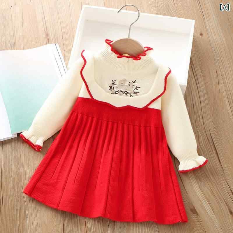 ワンピース 女の子 キッズ 子供服 秋冬 韓国風 かわいい うさぎ刺繍 動物柄 ニット 長袖 Aライン アクリル 普段着 お出かけ 通園 レッド ピンク カーキ パープル