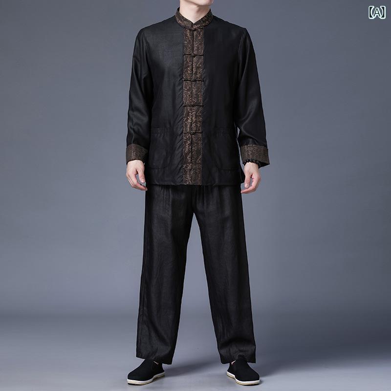 チャイナジャケット メンズ 男性用 中高年 紳士服 シルク 桑蚕シルク 香雲紗 長袖 アウター 羽織り セットアップ 中華風 中国風 普段使い ビジネスシーン 高級感｜naruki