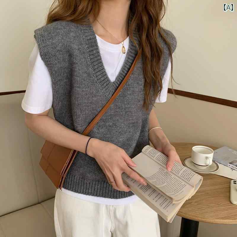 ニットベスト レディース Vネック ゆったり オーバーサイズ プルオーバー 春秋冬 重ね着 レイヤード 韓国ファッション カジュアル きれいめ 無地 グレー
