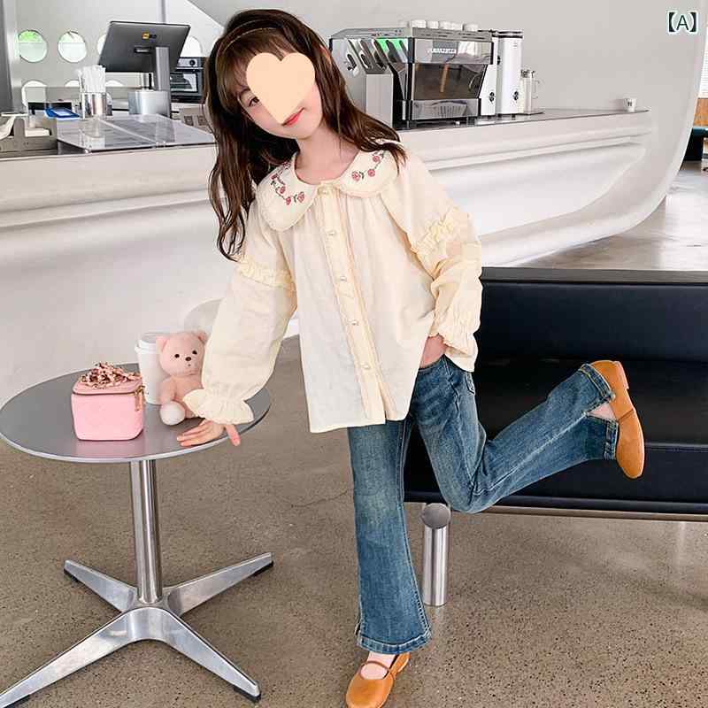 シャツ 女の子 ジュニア 秋 韓国風 ドールカラー 長袖 綿100% 前開き カーディガン ブラウス アイボリー かわいい 普段使い 通学 カジュアル