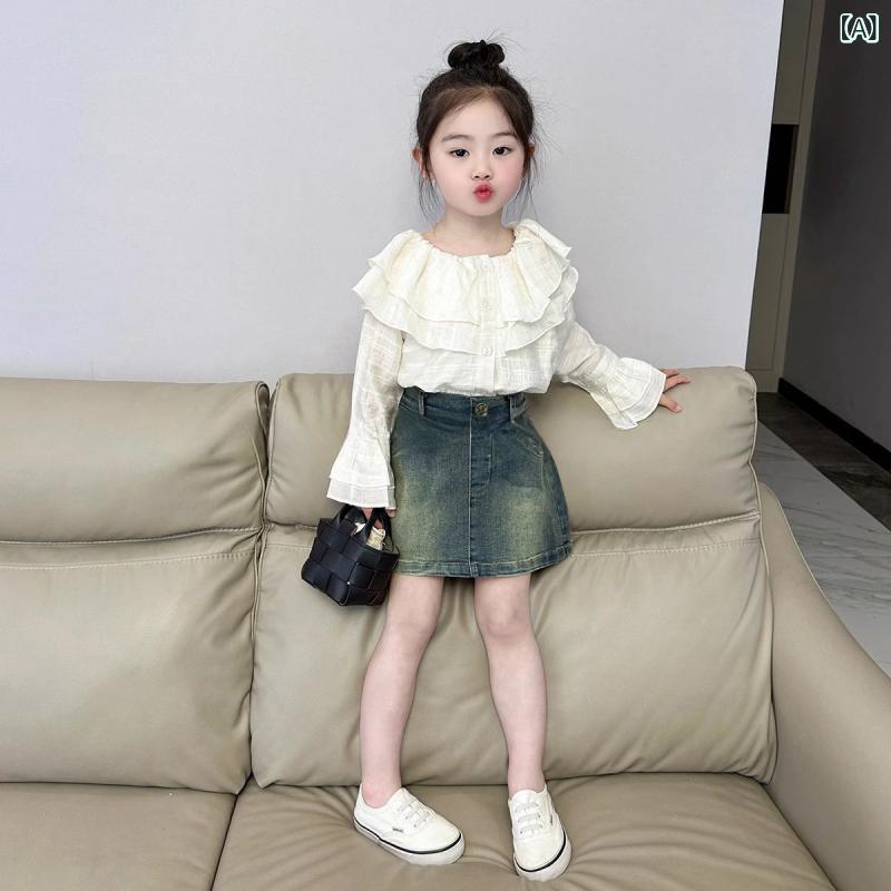 スカート セットアップ 女の子 子供 韓国風 春秋 フリル襟 ブラウス シャツ おしゃれ カジュアル 着回し抜群 デニムスカート 綿素材