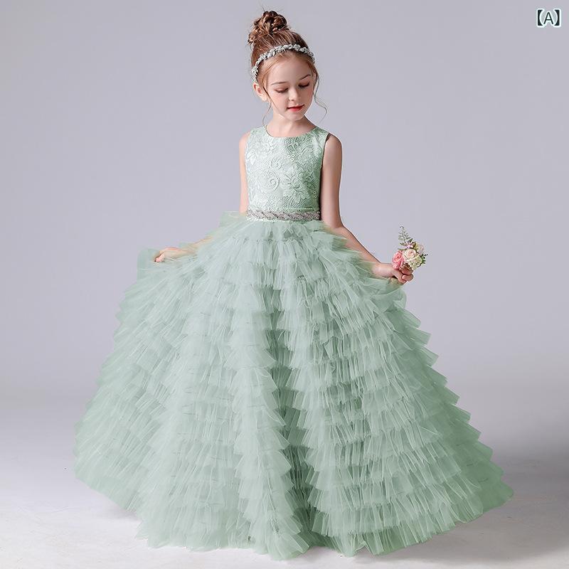 女児 キッズ フォーマルドレス ピアノ発表会 演奏会 誕生日 パーティー 結婚式 プリンセス ティアード ふんわり Aライン ロング丈 グリーン 緑 上品 かわいい 華やか ポリエステル 7,729円