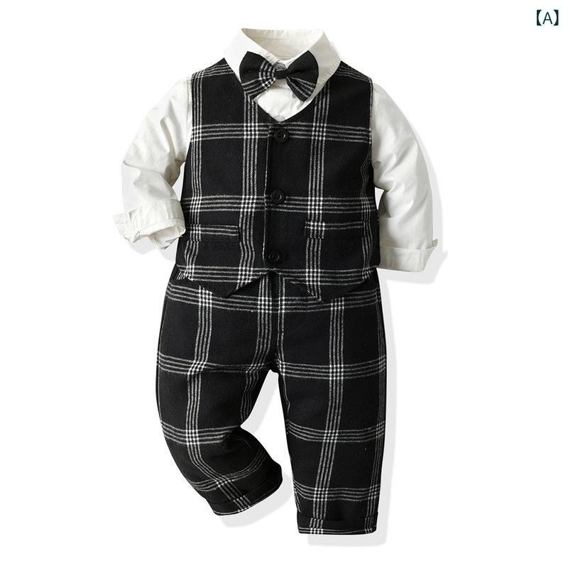 子供服 男の子 春秋 英国風 フォーマル 格子柄 ベスト ジレ シャツ ロングパンツ スリーピース 3点セット コットン シングルブレスト 蝶ネクタイ 入園式 卒園式 結婚式 発表会