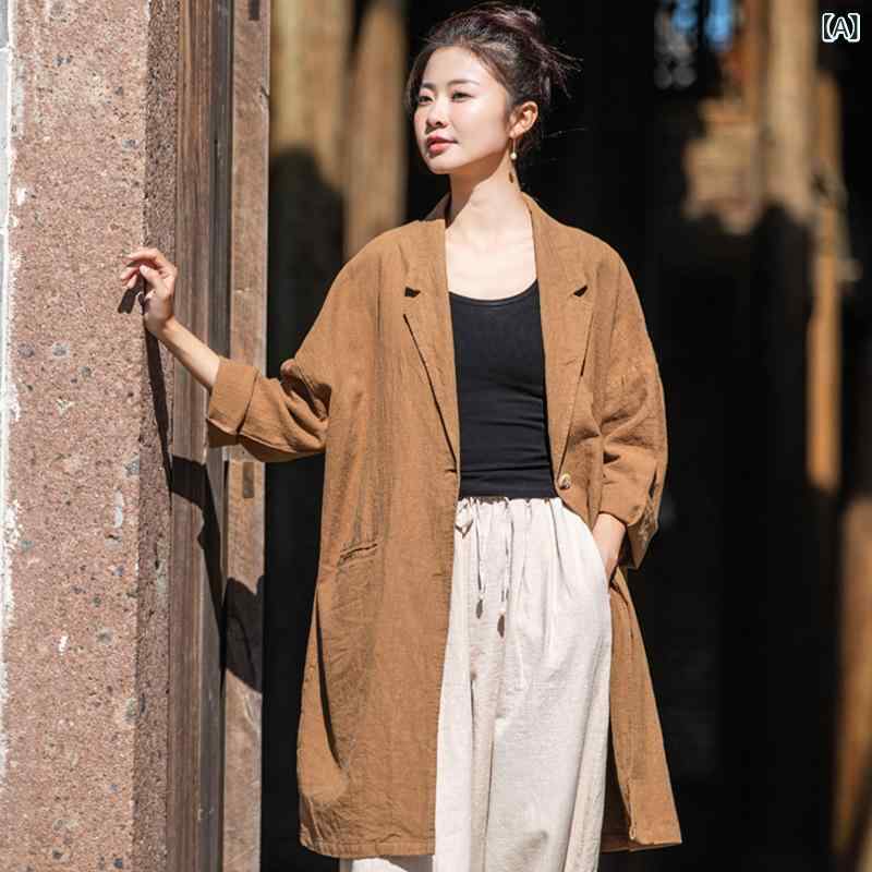 シャツ レディース 女性用 秋冬 綿麻 リネン 文芸風 カジュアル レトロ ゆったり オーバーサイズ ロング丈 Vネック ヴィンテージ風 サンドウォッシュ加工 長袖 羽織り 普段使い デイリー