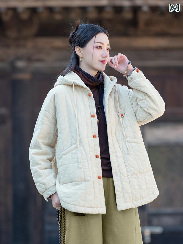 中綿コート レディース 縦キルティング フード付き ゆったり ルーズフィット ラミー竹節コットン 厚手 保温 防寒 秋冬 カジュアル ナチュラル｜naruki