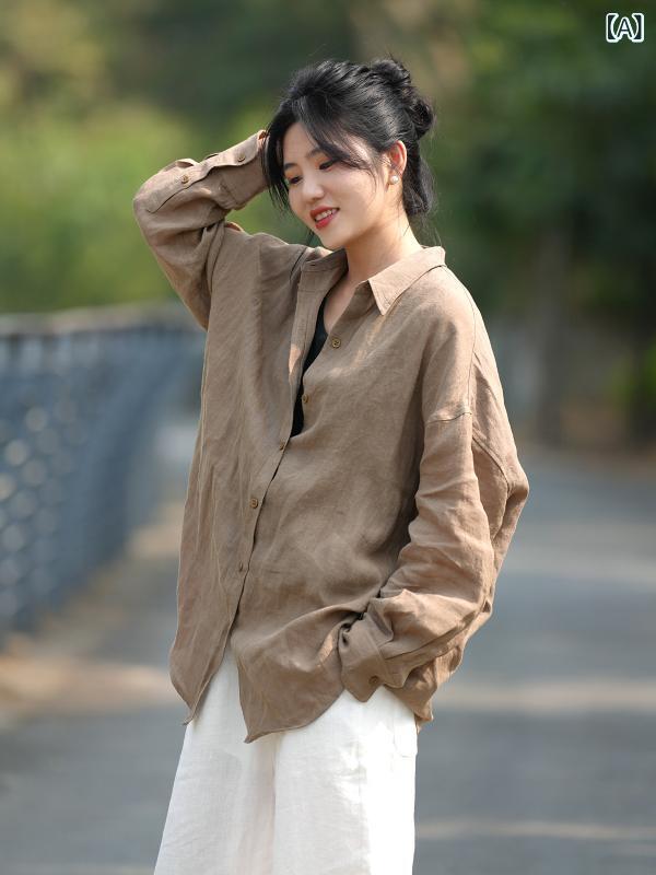 シャツ レディース エレガント リネン 春夏 ロング丈 UVカット ゆったり ビッグサイズ 長袖 コットンリネン風 ポロ襟 無地 ボタン きれいめ 大人カジュアル トップス 茶系 通勤 普段使い